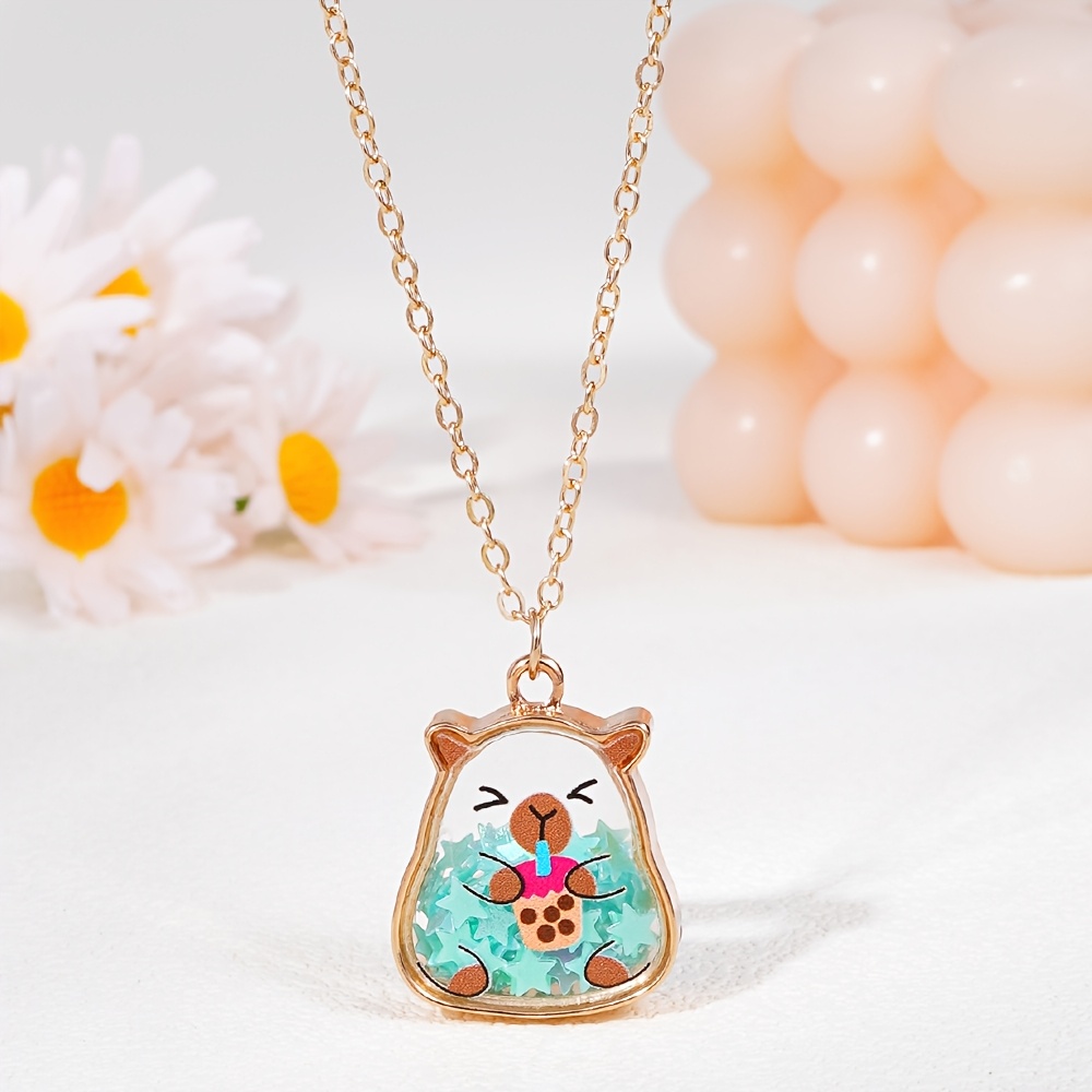 TEMU 1pc Capybara Pendant Necklace With Shaking Star Sequin - Adjustable Chain Suitable For &, Capybara-themed Bff Jewelry, Parties,, Daily Wear -