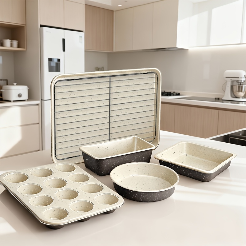 TEMU 6/12/19pcs 11pcs Baking Pan Set + 8pcs Measuring Spoons, Golden And Black Baking Set, Includes Cookie Sheet, Toast Pan, Muffin Pan, Cake Pan,