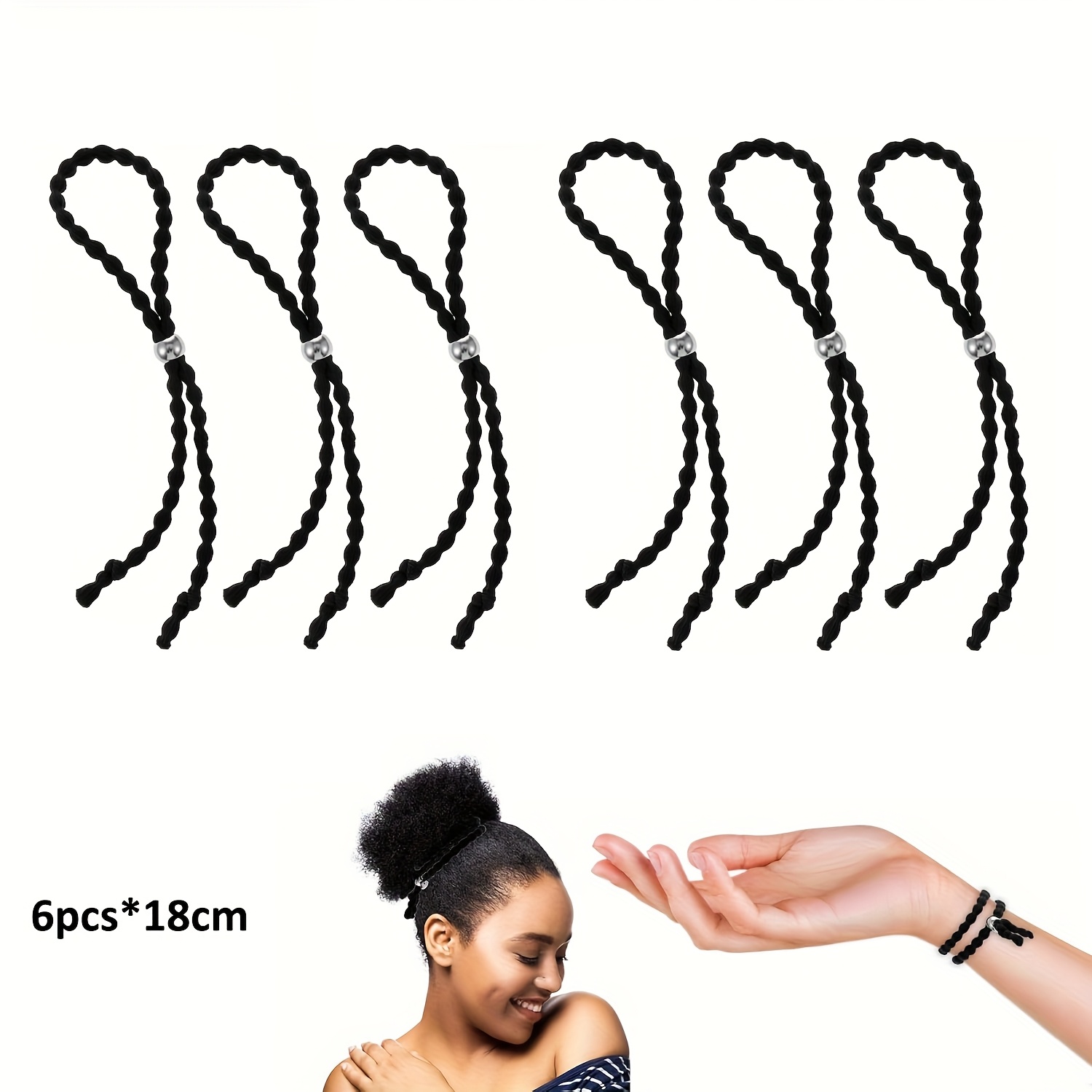 Image of 6pcs Adjustable Length Hair Ties For Thick Hair Afro Puff Soft Ponytail Holders Natural Hair Ties Loc Headband Dreadlock Hair Band For Braided Pineapples Design