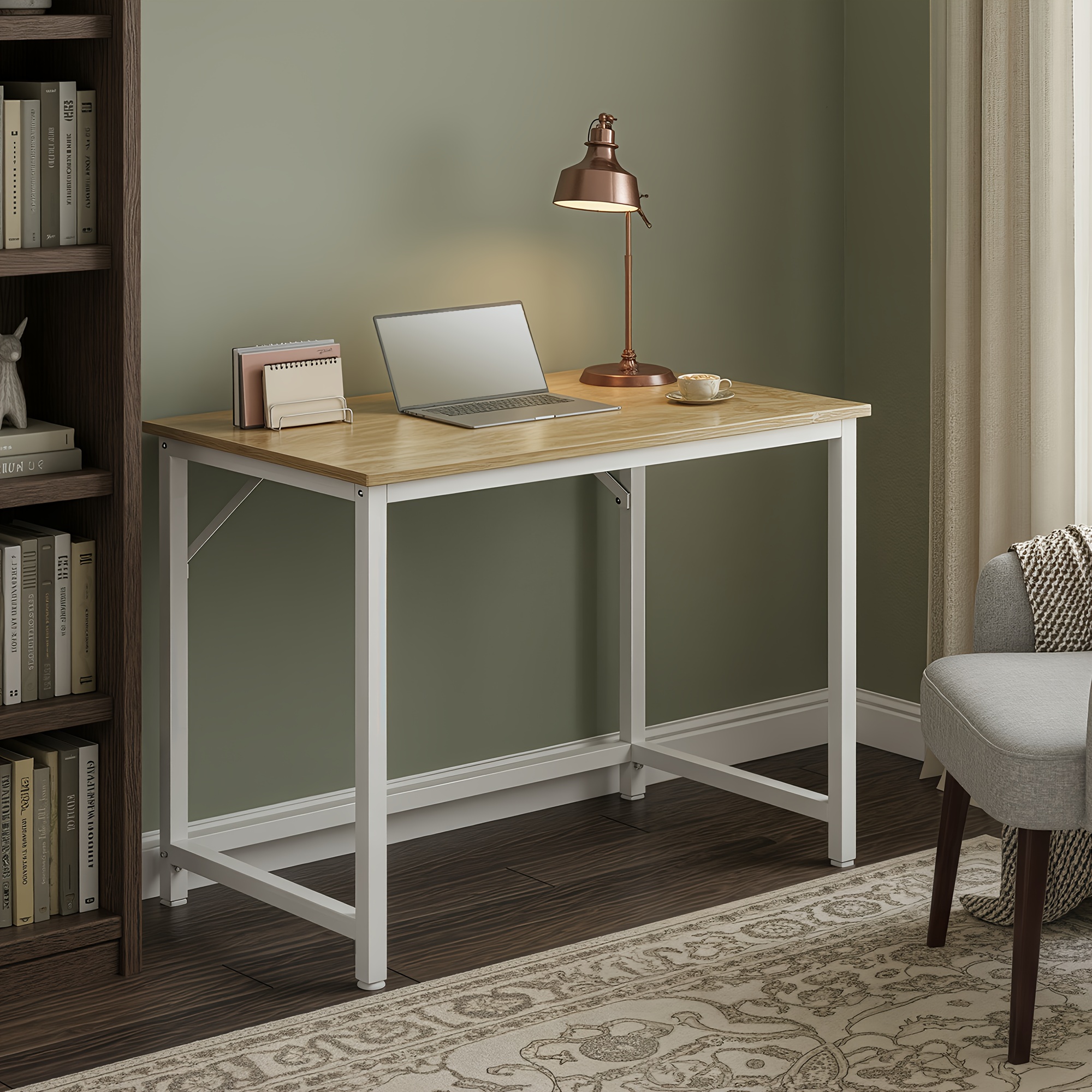 TEMU Bureau d'ordinateur moderne blanc et naturel avec cadre métallique - d'écriture 50x80x76 cm, montage facile - Idéal pour bureau, chevet, salon -