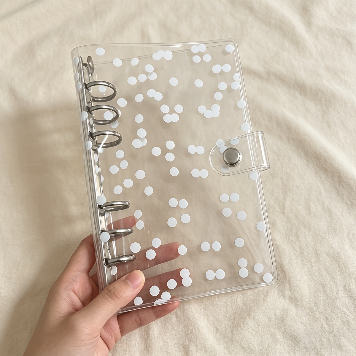 TEMU 1pc A6 Transparent Pvc Binder With White Polka Dot Cover - 6-hole Binder Suitable For Journals, Notebooks, Loose Leaf Pages, School Supplies For