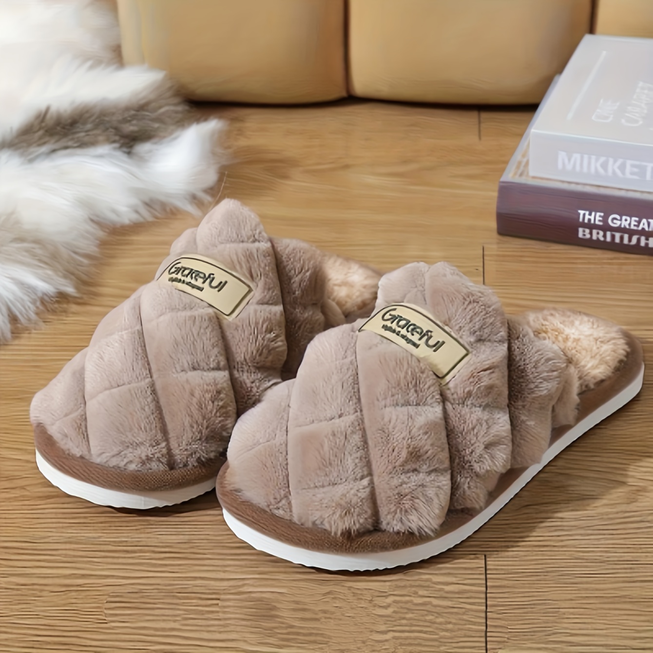 Image of Fluffy Slippers For Women - Cozy Winter Plush Half-slipper Design, Soft Fabric Upper & Eva Sole, Black & Coffee & White, Perfect For Home & Casual Wear, Cozy Slippers, Women Shoes