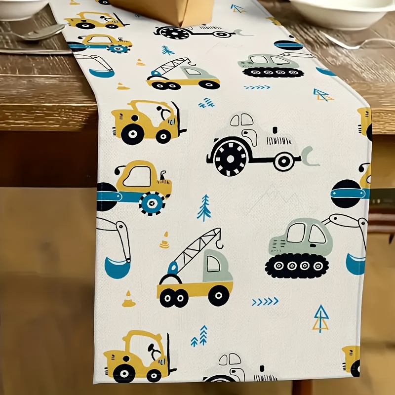 

1pc Construction Vehicle-themed Table Runner - Excavator & Design, Indoor/outdoor Dining, Parties & Holiday Decor, 100% Polyester, Rectangular Shape