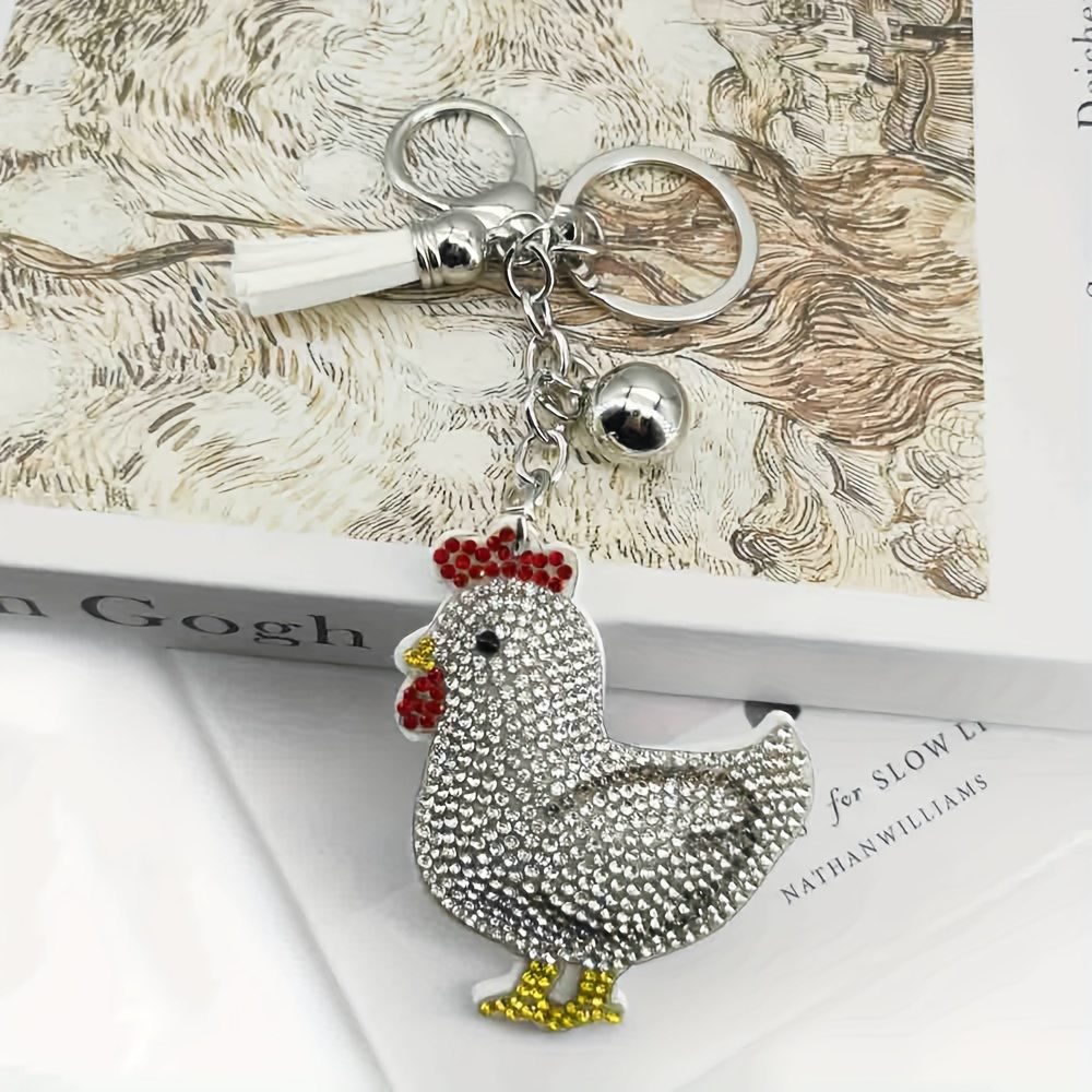Image of 1pc Cartoon Rhinestone Hen Keychain, Pu Leather & Alloy Animal Charm With Lobster Clasp, Decorative Women' Accessory For Christmas, Festive Accessory | Cartoon Style | Metallic Finish