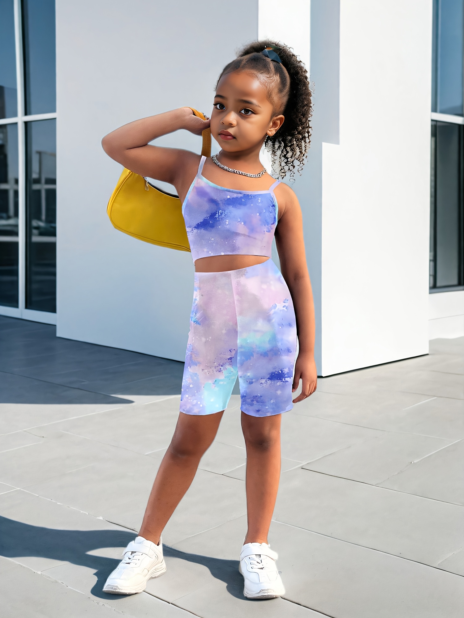 Girls' Tie-Dye Pattern Camisole Top and Cycling Shorts, Two-Piece Set  Vibrant Yellow, Orange, Green, Blue, Purple Tie-Dye Design, Stretchy