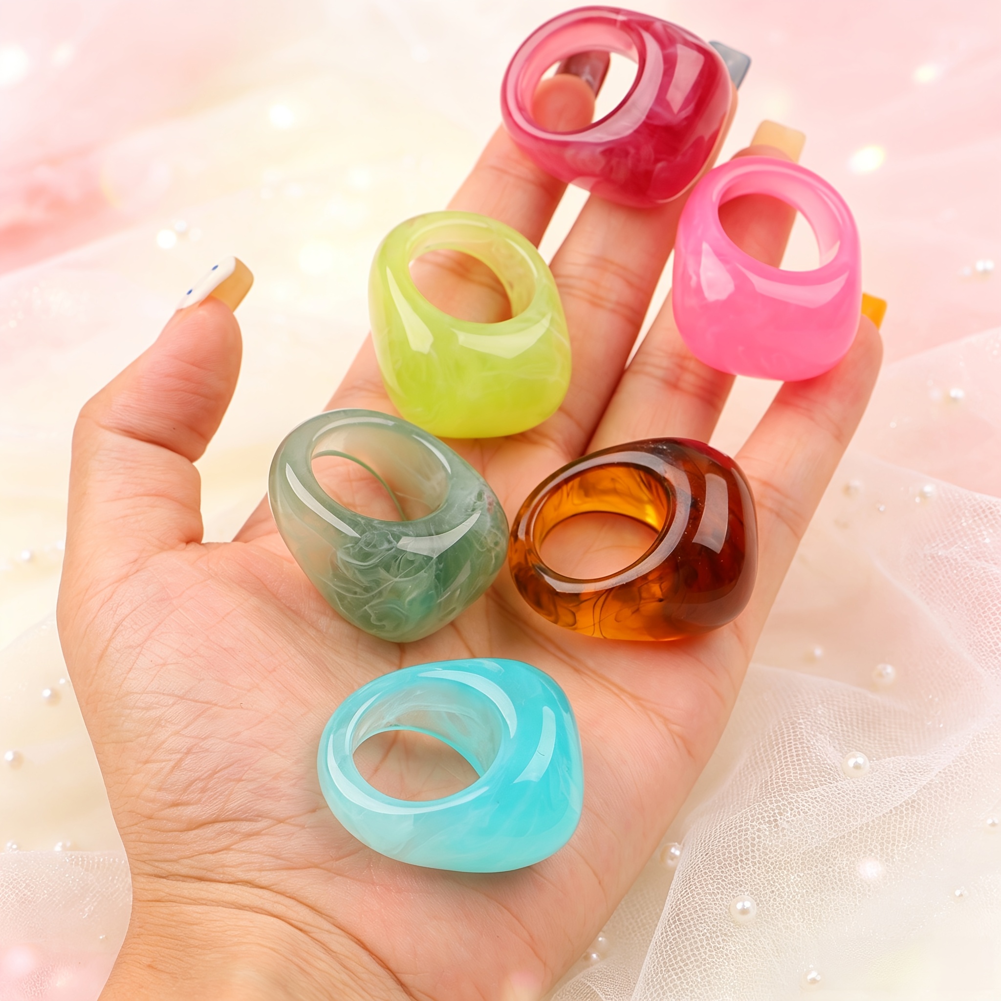 6pcs Adorable Smudged Resin Stackable Rings Set