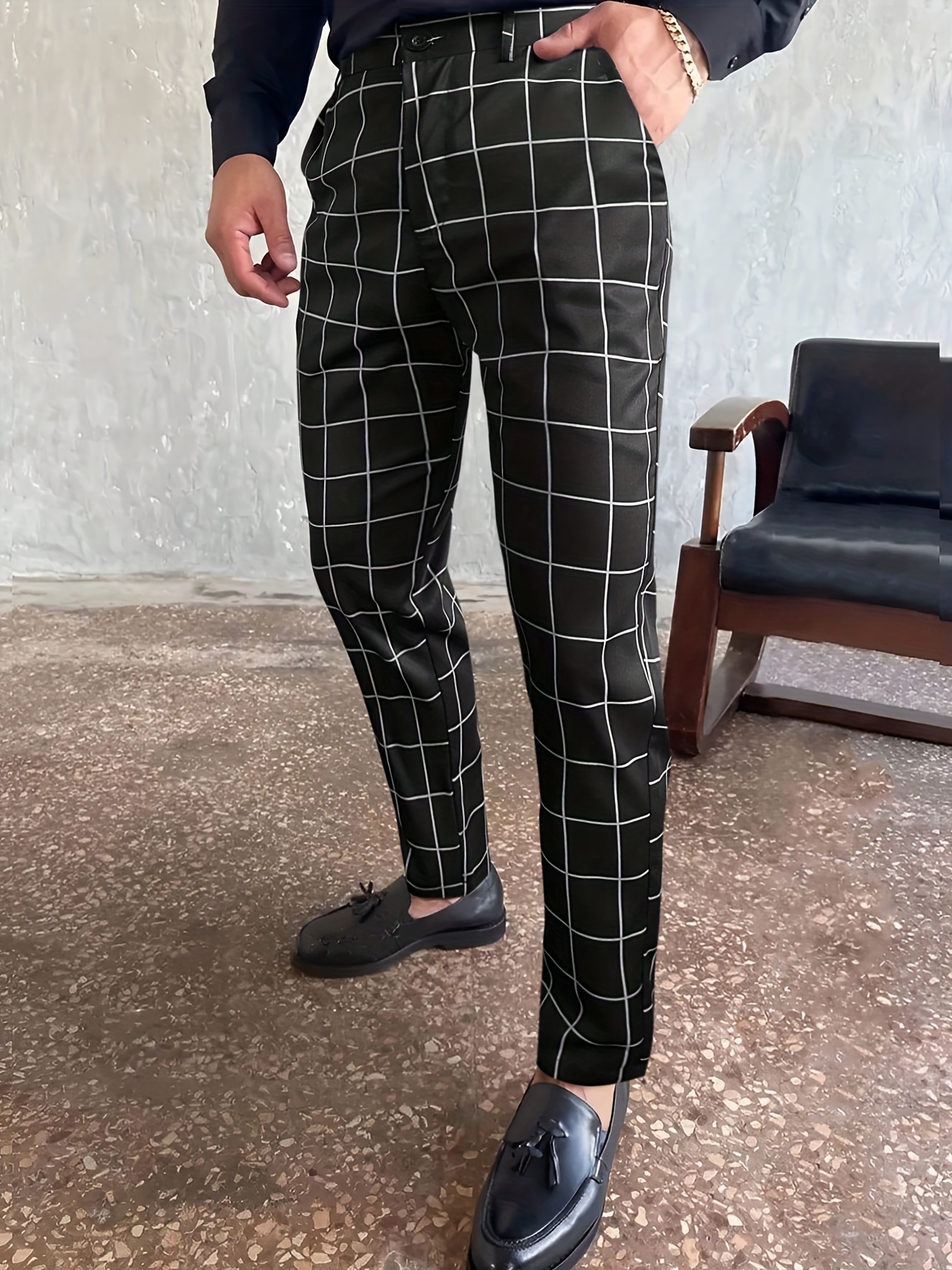 Retro Style Checkered Men's Casual Long Slim Fit Pants With - Temu