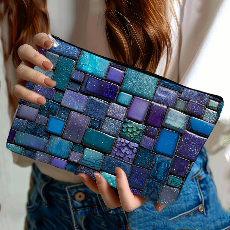 TEMU 1pc Multifunctional Makeup Bag & Storage Pouch With Purple-blue Mosaic - Suitable For Travel, Office, Cosmetic Case, Protective Cover, Washable