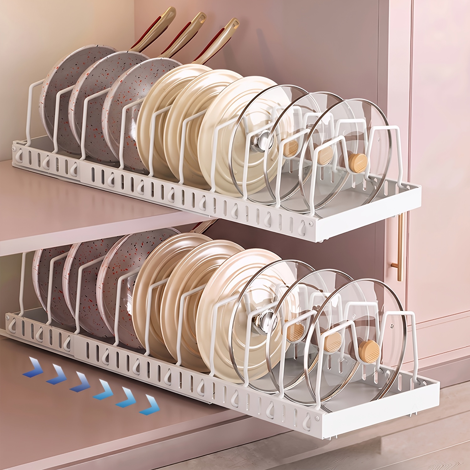 2pcs Cabinet Pull-out Organizer, Expandable Pot And Pan Organizer Rack, Slide-out Pot Lid Organizer With 10 Adjustable Dividers, Kitchen Cookware Organizer (black, White)
