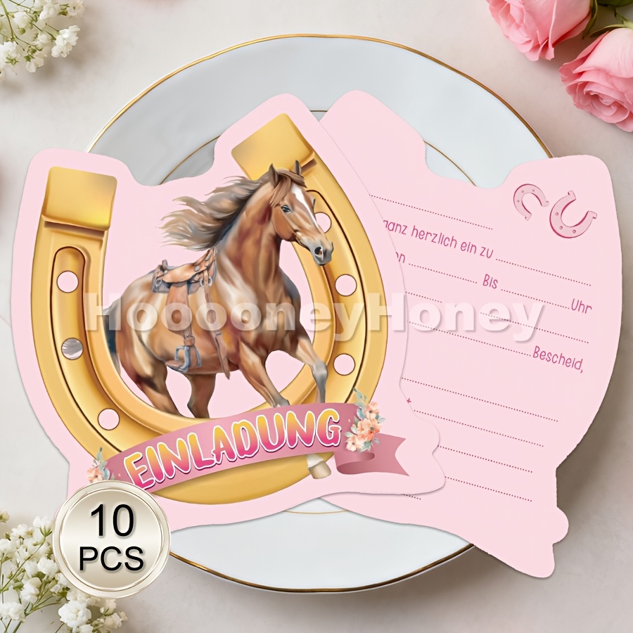 Image of 10pcs German Invitation Set, Horse-themed Birthday Invitations, Fillable, Pink Horseshoe Shape, Party Decorations And Gifts, Wishes And Enhance Party Atmosphere