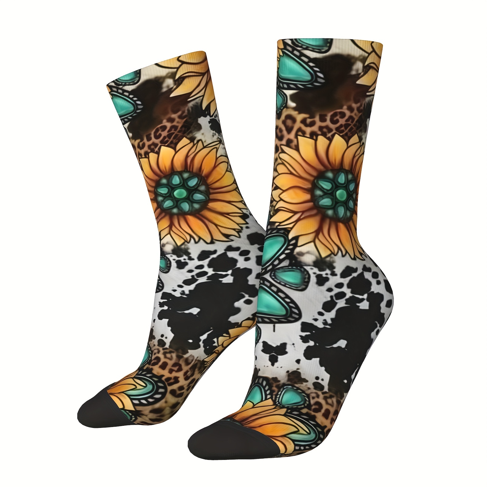 

Men' & Turquoise Cow Socks - Hip Hop Style, Seamless, Breathable Polyester