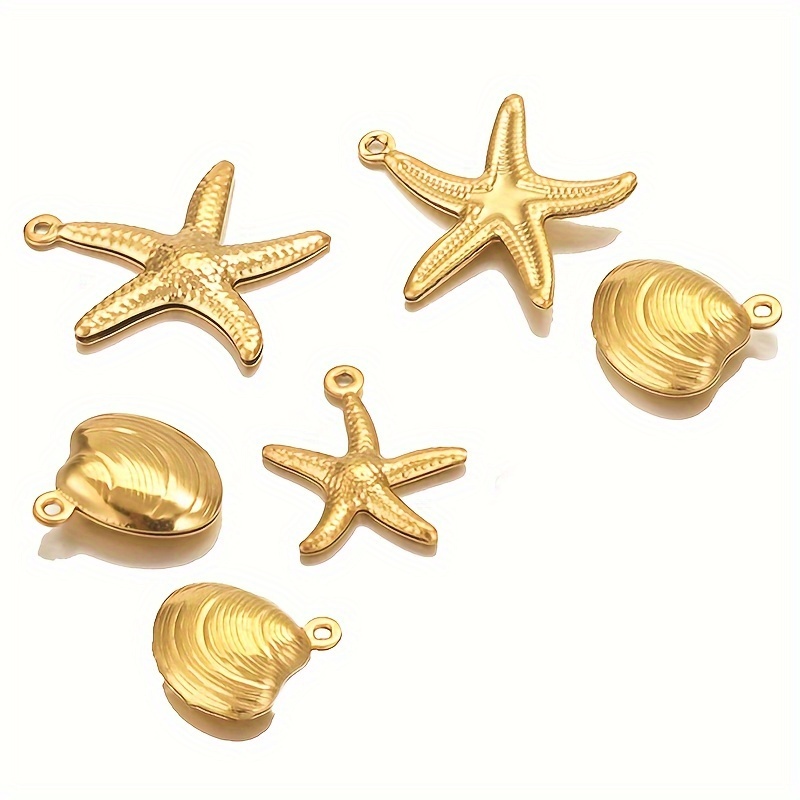 Image of 6pcs Set Of Stainless Steel Hollow Starfish Scallop Pendant Summer Marine Style Beach Starfish Shell Pendant Jewelry Additions