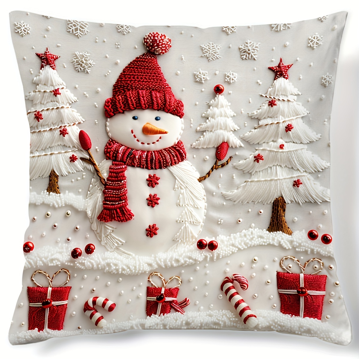 

1pc Snowman & Christmas Pillowcase | Cozy Winter Farmhouse Decor For Sofa, & Porch | Polyester, Machine Washable, Zip Closure | 18x18 Inches, Pillow Insert Not Included