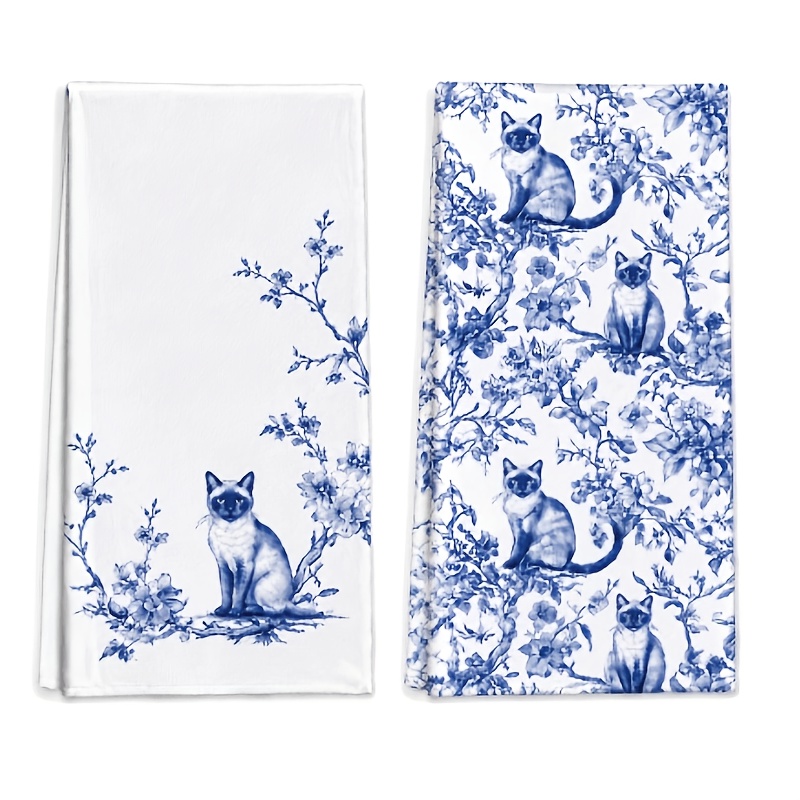 TEMU Ensemble de 2 torchons de cuisine chinois à motif floral siamois, torchons de cuisine en fibre et avec motif de chat, cadeau de salle de bain,
