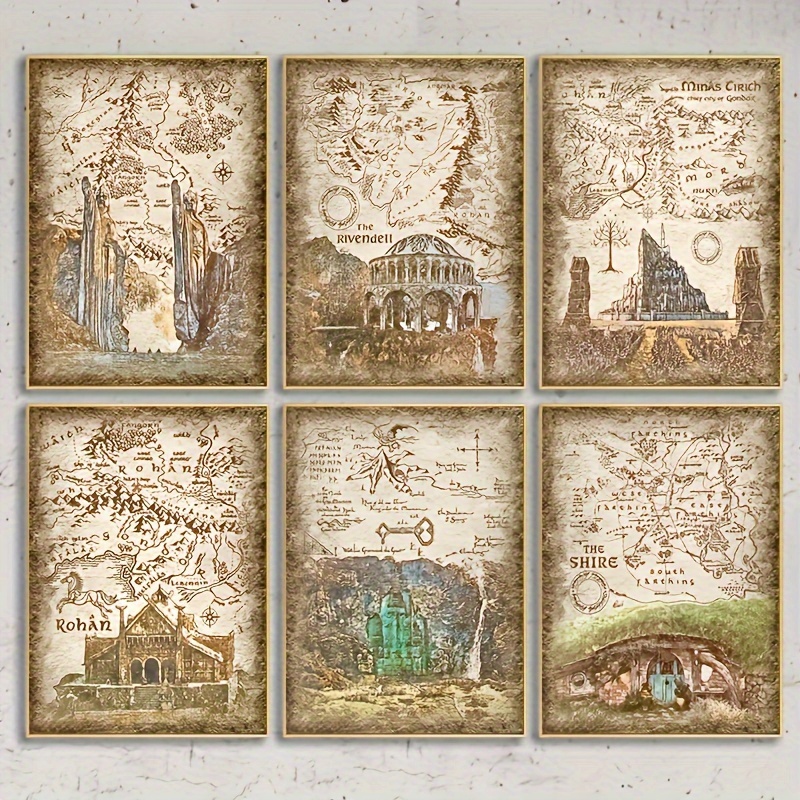 

6-piece Retro Travel Map Poster Canvas Art: Fantasy Literature Movie Prints, Vintage Wall Art For Bedroom, Living Room, Home Theater Decor, Unframed