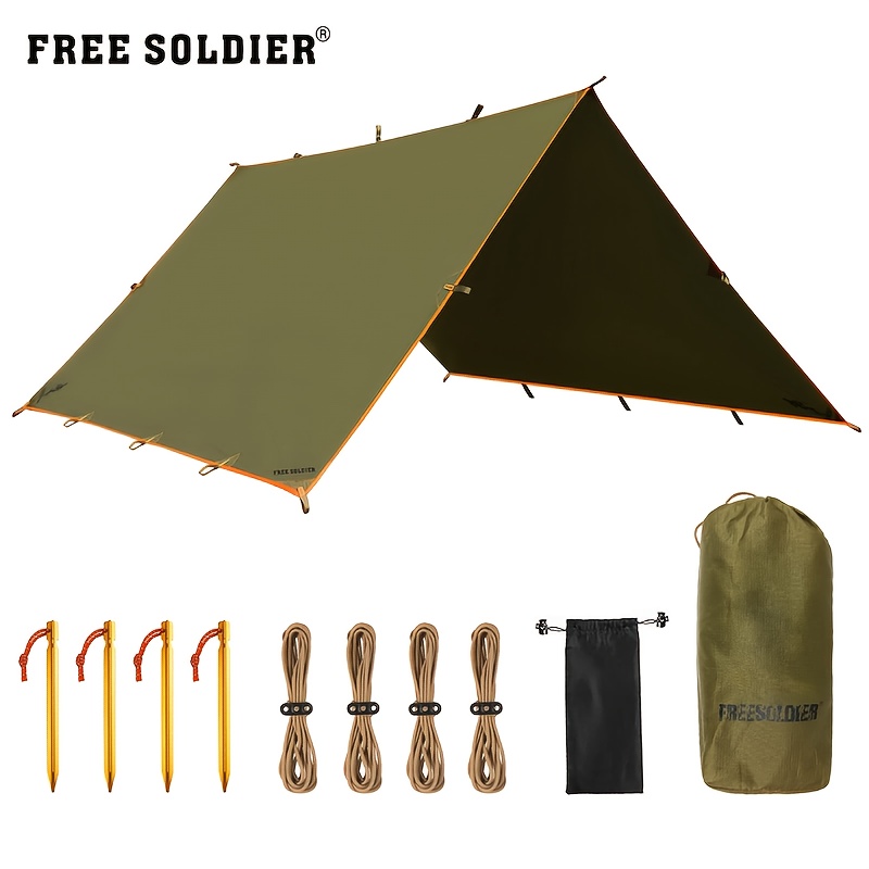 

Waterproof Tarp For Camping And Outdoor Dining - Portable, Multifunctional Awning Shelter In Army Green With Reinforced Grommets, Nylon Guy Lines, And Storage Sack