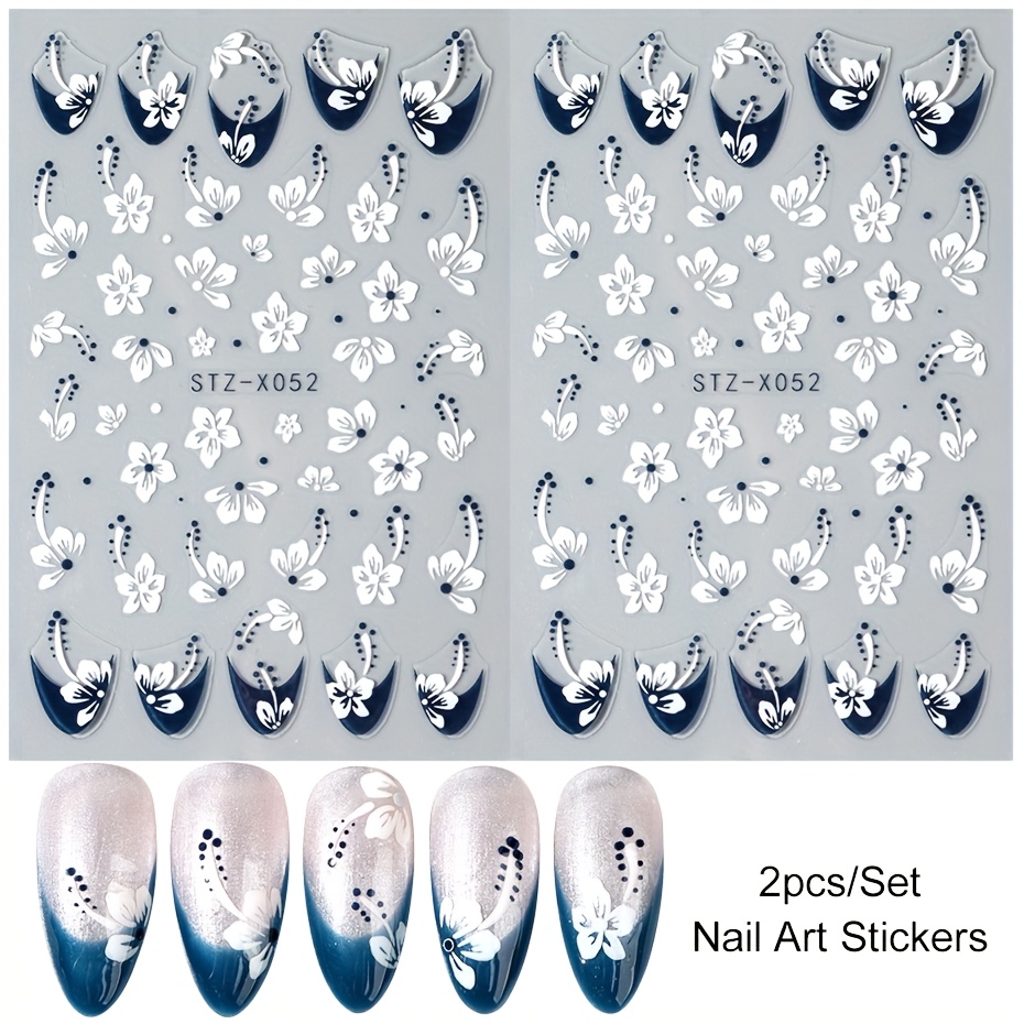 2pcs Floral French Tips Nail Sticker, White Tropical Nail Art Decals Adhesive Sliders Manicure Stickers Decorations For Nails