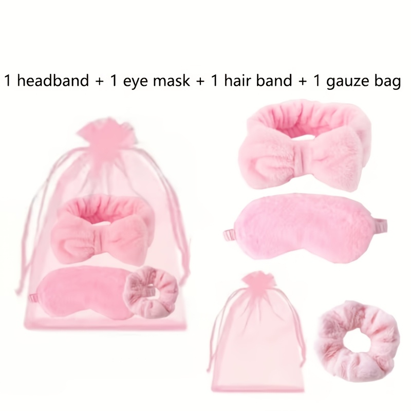 TEMU 1pc Pink Skincare 4pcs Set, Including A Bow Headband, Blackout Sleep Mask, Plush Hair Tie Storage Mesh Bag. Soft, Skin-friendly, And Highly