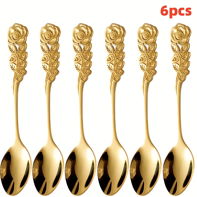 

6pcs Elegant Rose Handle Stainless Spoons - Golden , & Stylish For Home Kitchen, Café, Or Restaurant Use