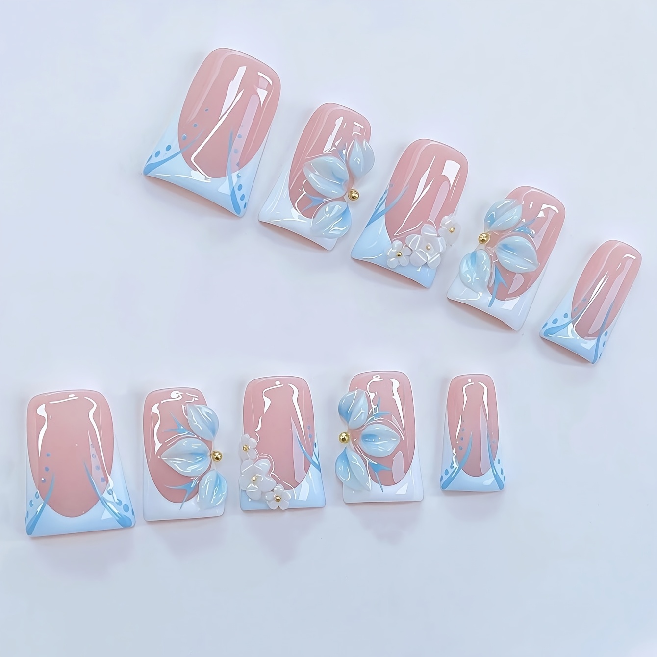TEMU 10pcs Y2k Duckbill Press On Nails Set - Handcrafted, Blue Nails, White And Blue, Handmade 3d Flowers Blue Flower With White , Sparkling Golden