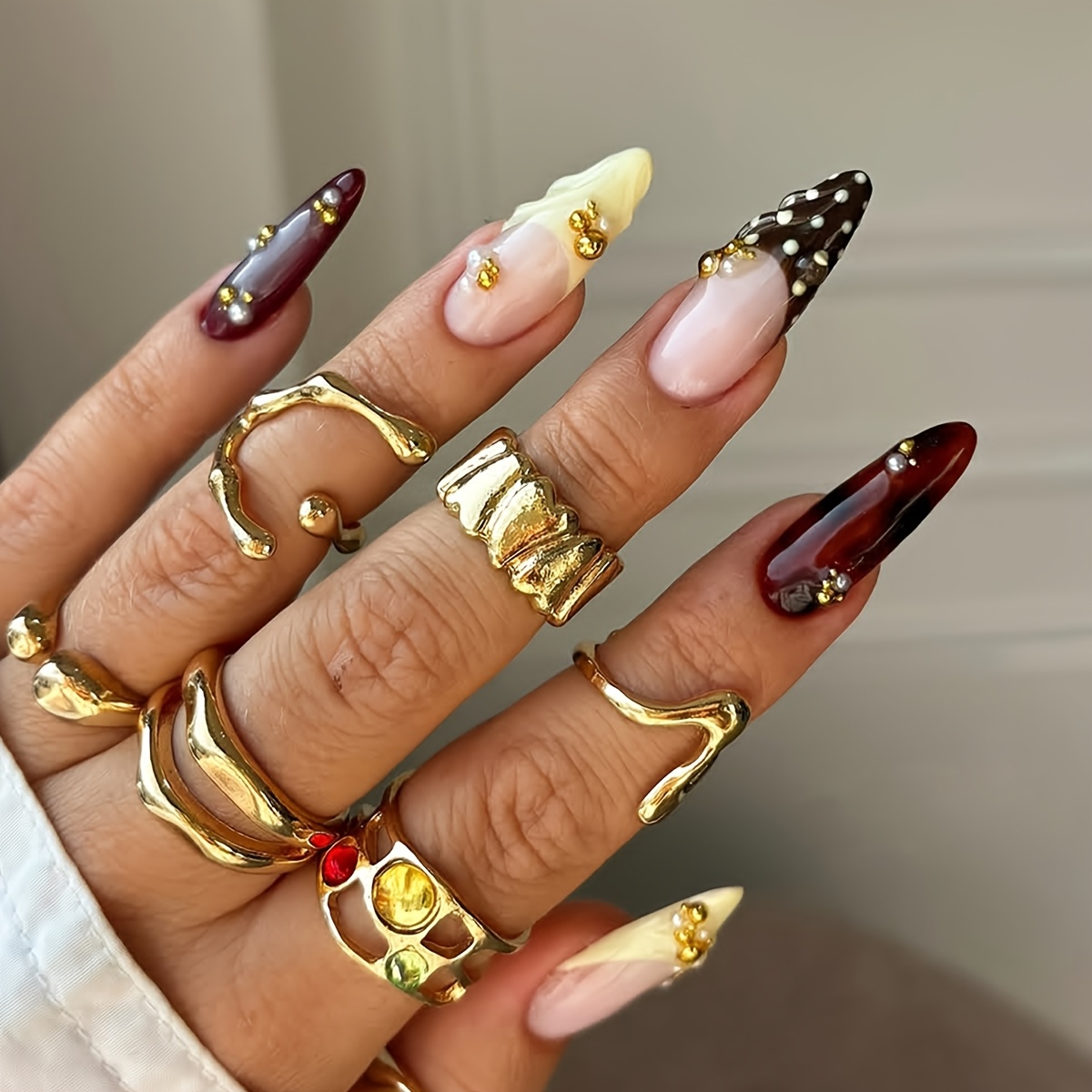 Image of 24pcs Of White Polka Dot French Brown Nails With 3d Gel And , Suitable For Women And For Autumn Daily And Office Use, Almond-shaped Fake Nails With Jelly Glue, Includes And 1pc