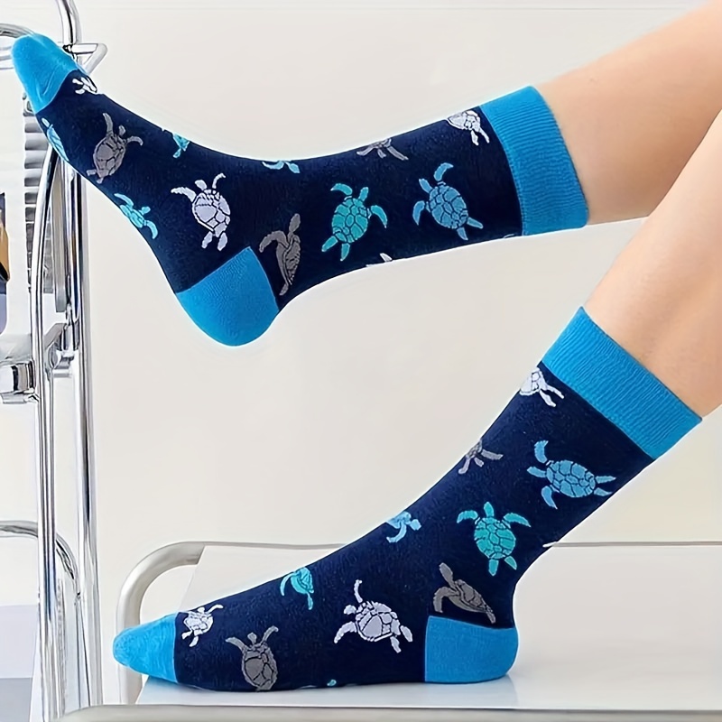 

1 Pair Turtle Pattern Knee-length Socks For Women, 100% Polyester Knit Fabric, Animal Design, With Hand Wash Or Only