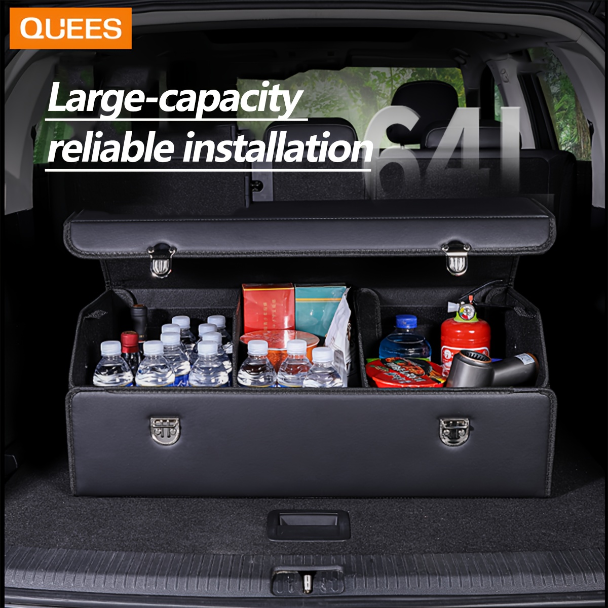 

Quees Premium Leather Car Trunk Organizer - Foldable Storage Box For Road Trips & Daily , Multi-functional Vehicle Interior Accessory