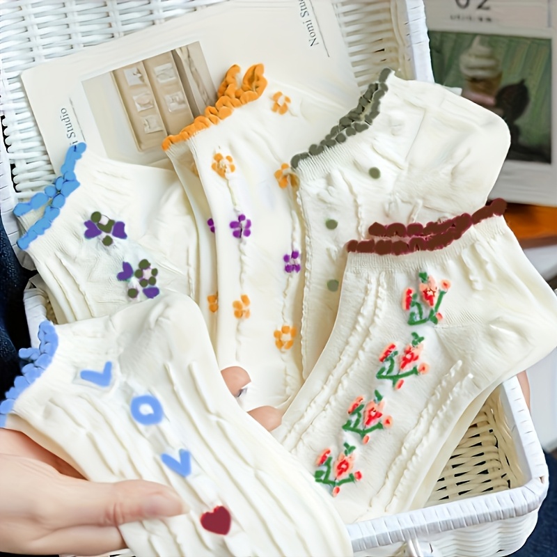 Image of 5 Pairs Floral Letter Women's Socks Breathable Casual Floral Socks Boat Socks Comfortable Short Tube Socks