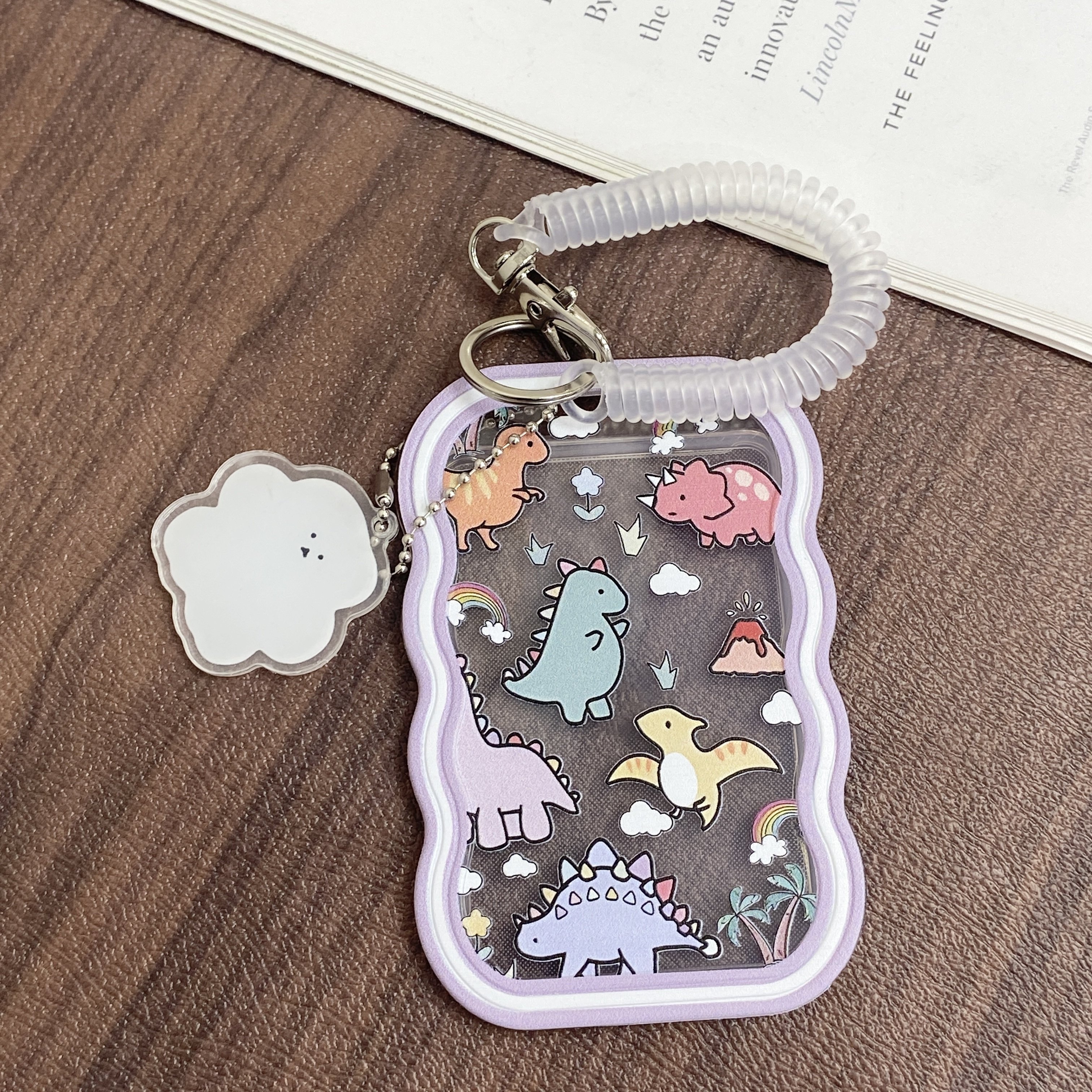 

Dinosaur-themed Tpu Card Holder With Spring Lanyard - Portable Id & Work Badge Protector, Cute Pendant Design For Daily Use, Cartoon Pattern, Protection Belt