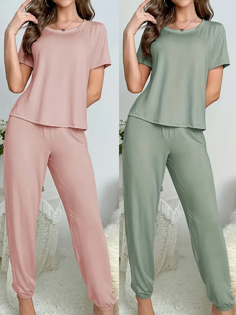 ladies new style solid color simple short sleeved top and long pants set casual and comfortable pajamas Product details 3