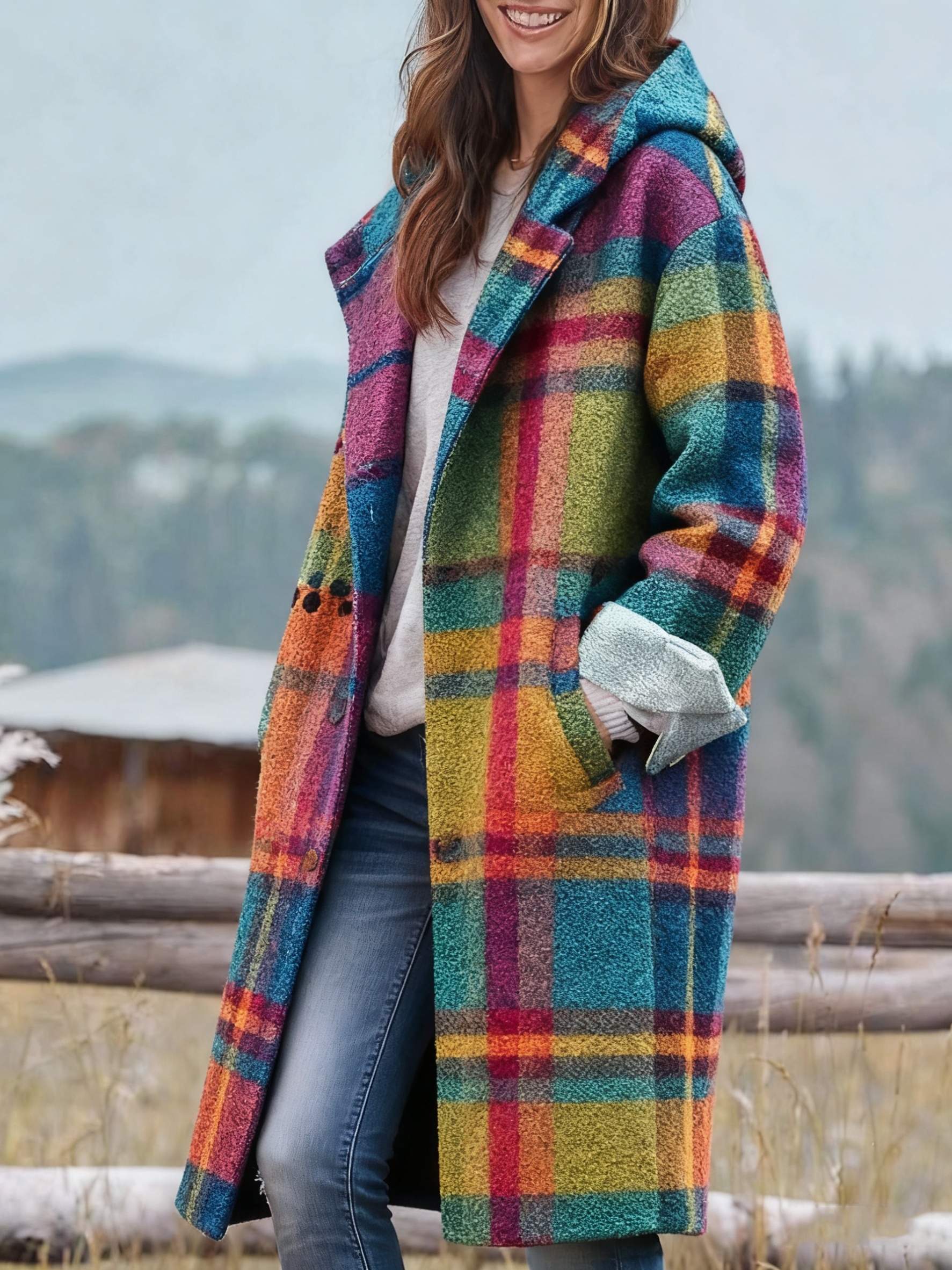 Plus Size, Women's Plus Size Oversized Hooded Scottish Tartan Jacket Long  Winter Coat with Asymmetrical Hem Print (Yellow/Blue/Purple/Black/