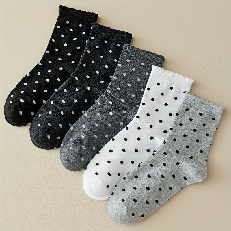 

5 Pairs Of Chic Polka Dot Short Socks For Women - , Polyester Blend, Hand Washable, Knit Fabric, Style: