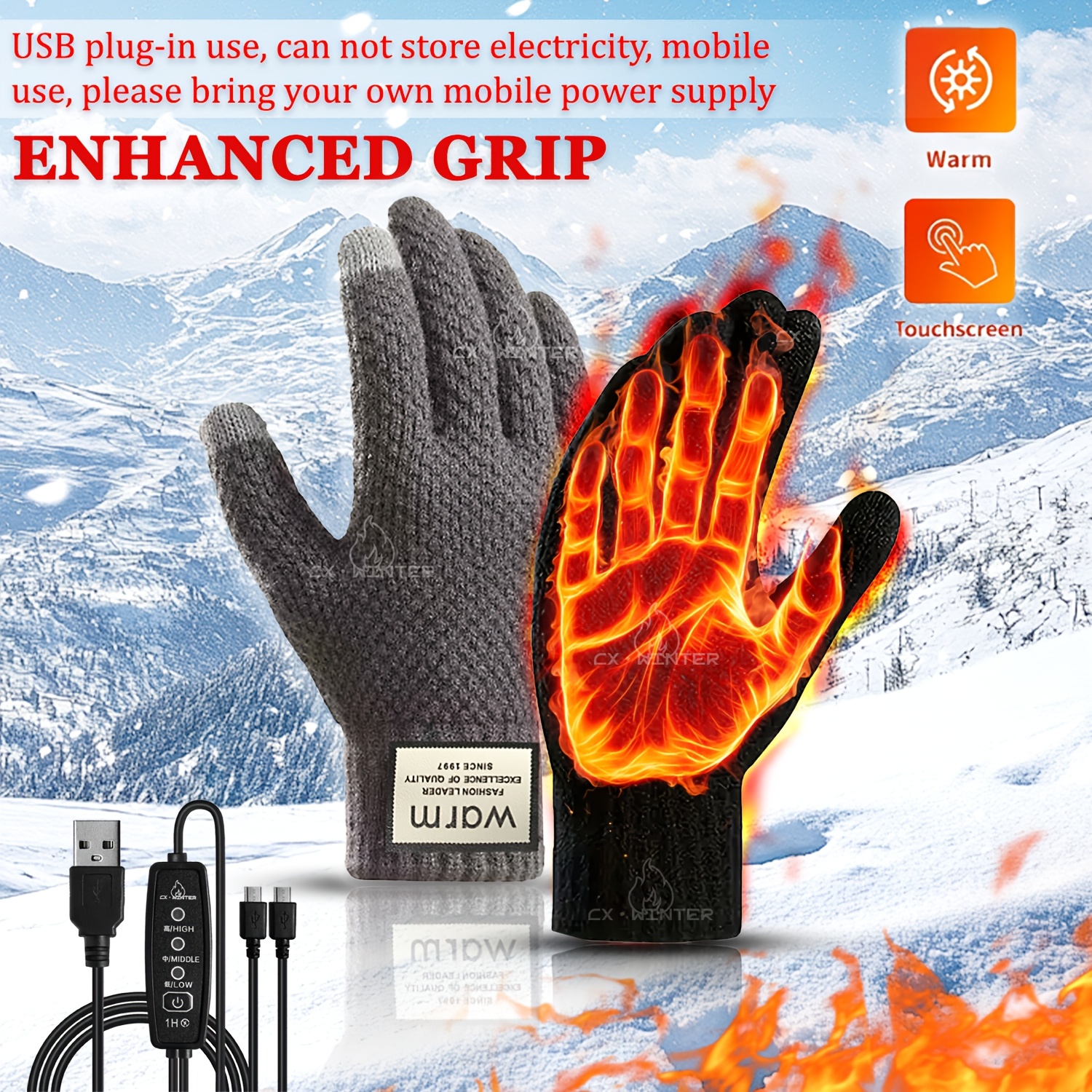 Intelligent Temperature-controlled Electric Heating Gloves, with Three-level Intelligent Temperature Adjustment, Double-sided Heating. It Features a Touch Screen Design and Is a Great Gift for Winter.