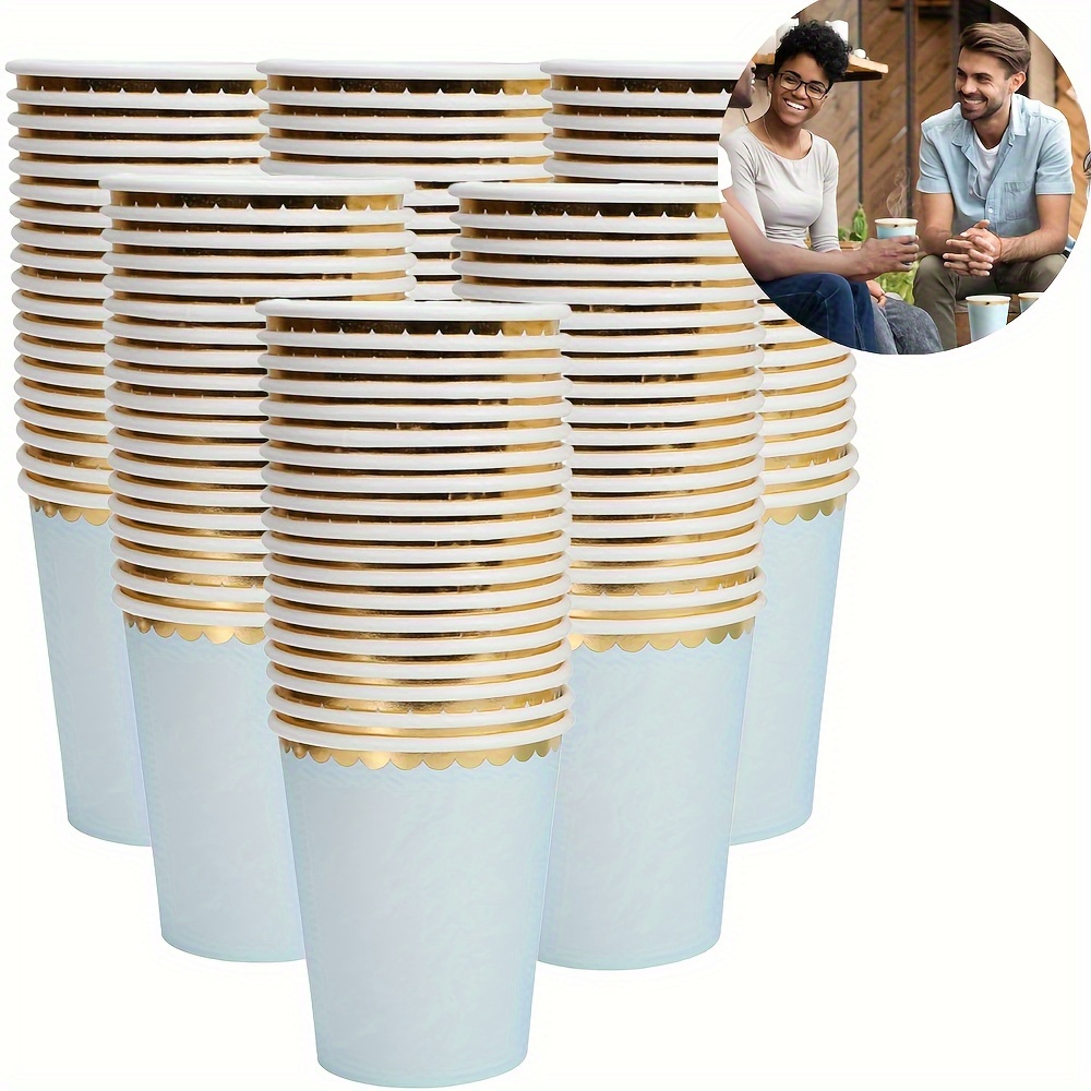 

25pcs, 9 Oz Blue Gold Border Paper Cups Disposable Shower Cups Paper Cups For Wedding Holiday Picnic Party Coffee Beverage Tea