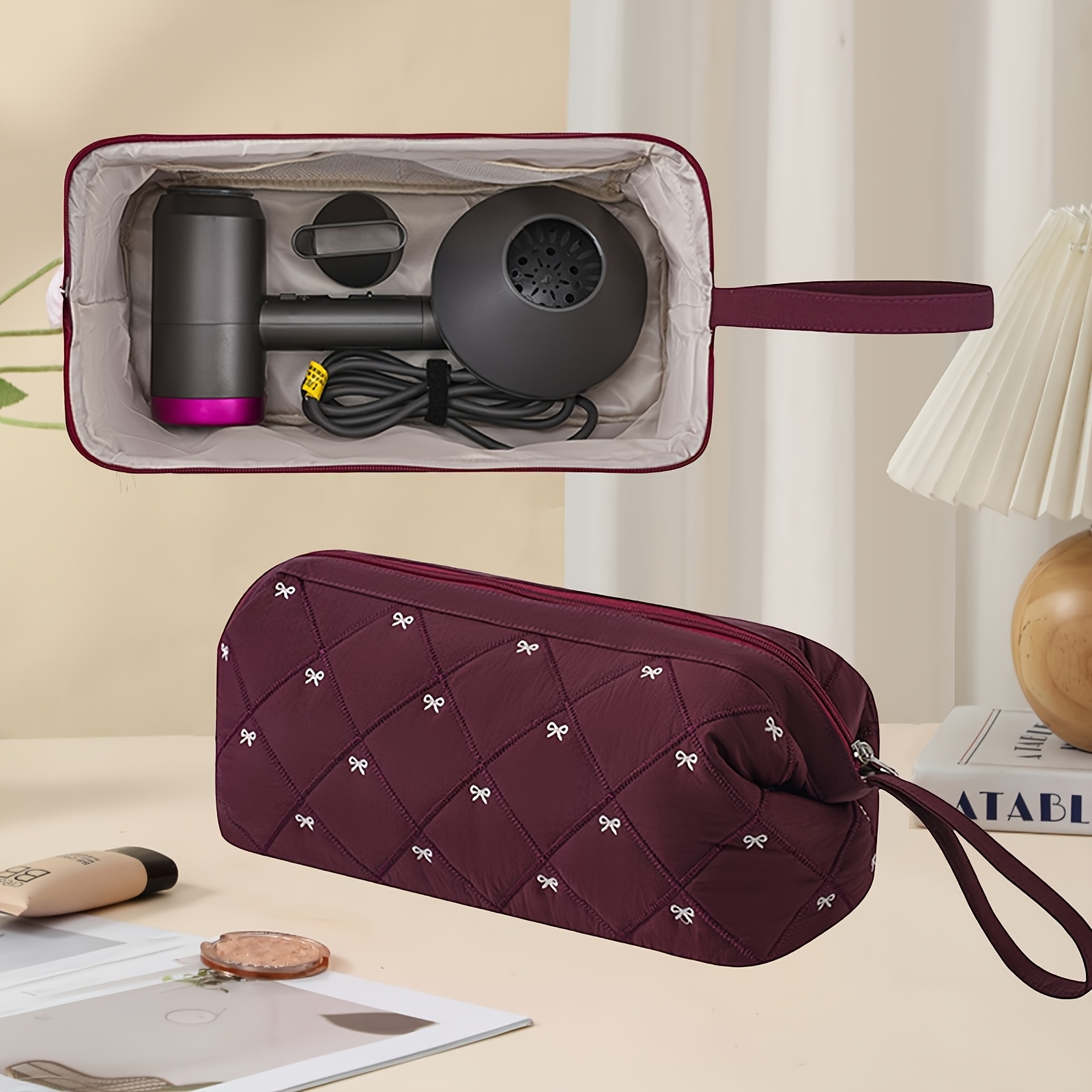 TEMU Large Capacity Hair Dryer & Styler Storage Bag Compatible For Curling Iron/straightener - Quilted Travel Case With Mesh Pocket, Lightweight