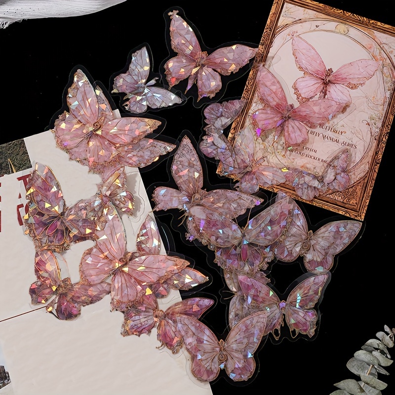 1 Pack/20pcs, pink crystal butterfly three-dimensional Butterfly Hand Account DIY Decorative Stickers Junk Journal Decor Supplies, DIY Junk Journal Decoration Label Stickers, Party Favor