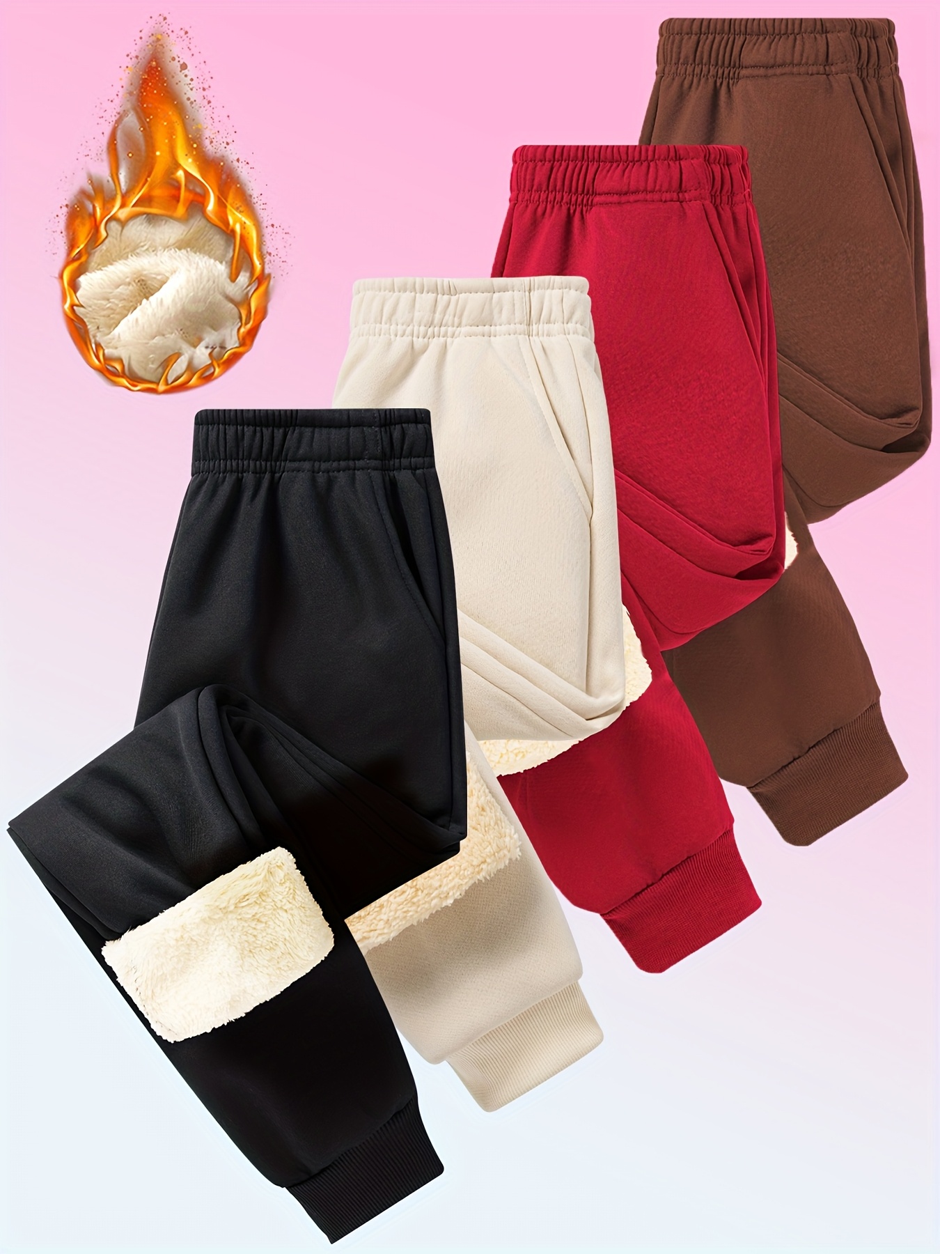 Girls' 4pcs Solid Color Cuffed Jogger Pants Set