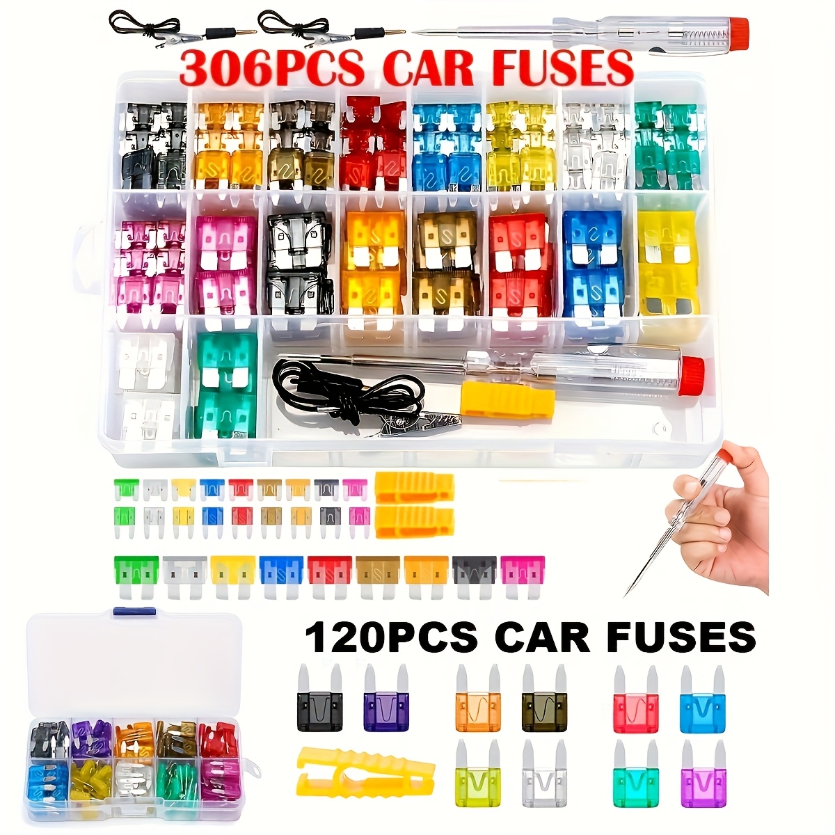 TEMU Specifications Of Automotive Fuses 5a/35a, Amplifier With Box And Clip Combination, Automotive Blade Fuse Set With Circuit Tester And Fuses.