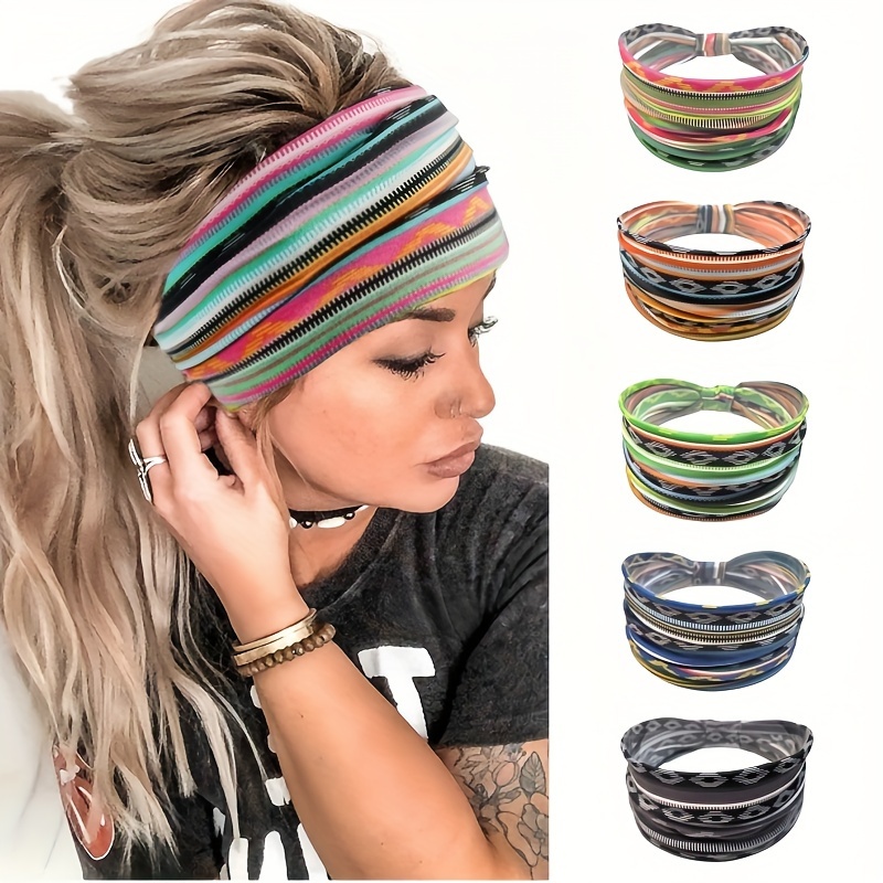 

5pcs For A Set, Women's Wide Sports Yoga Running Sweat Absorption Knot Hair Band Hair Accessories, Bohemian Style Style