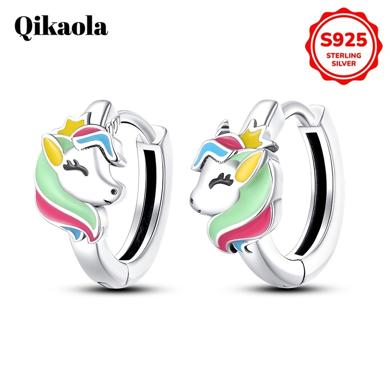 

[1 Pair Unicorn Earrings] 1 Pair Qikaola Sterling Silver 925 Rainbow Unicorn Earrings, Elegant Dangle Design, Non-feather, For & Gifting, Jewelry, 3g