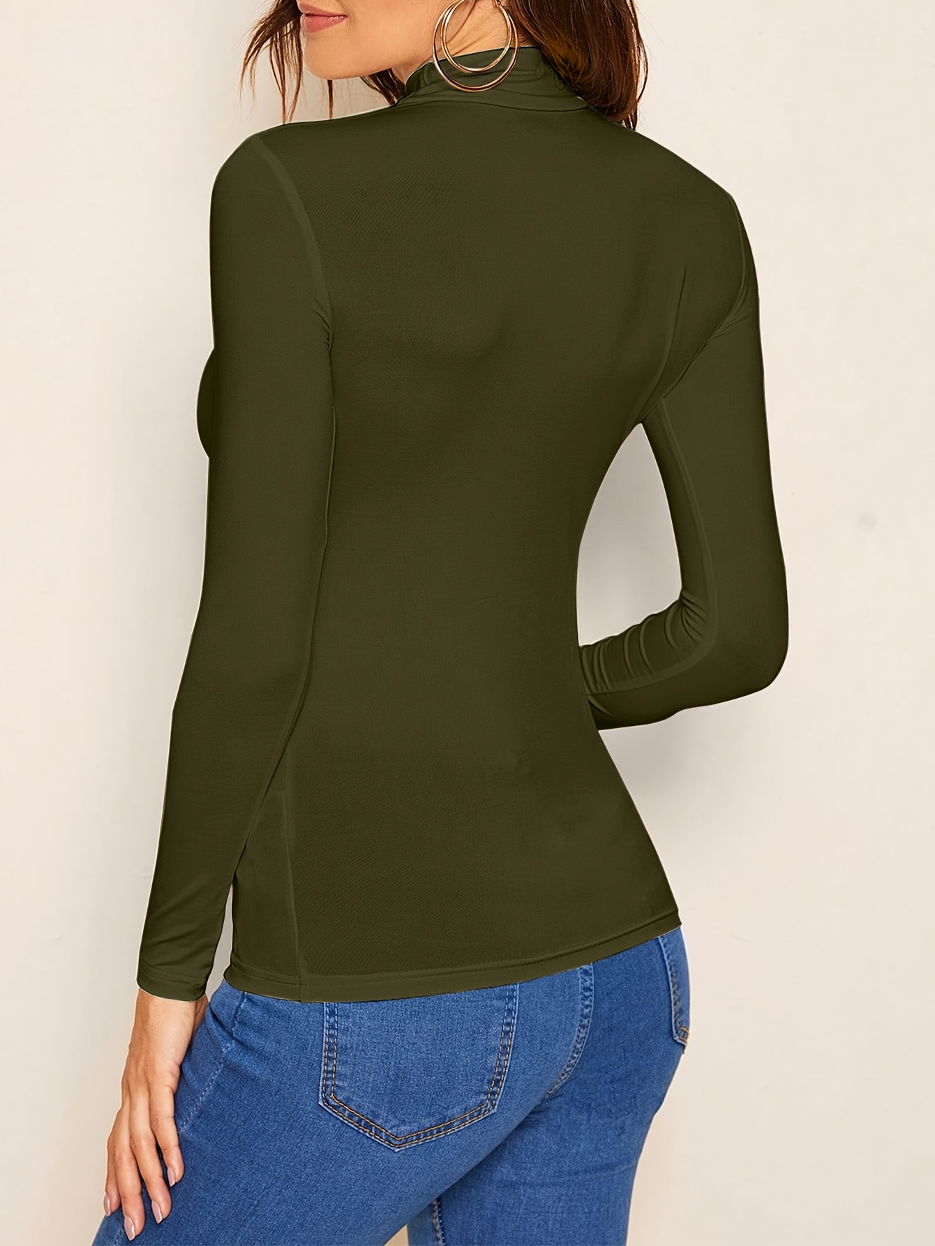 Solid Color Mock Neck T-Shirt, Versatile Long Sleeve T-Shirt For Spring & Fall, Women's Clothing