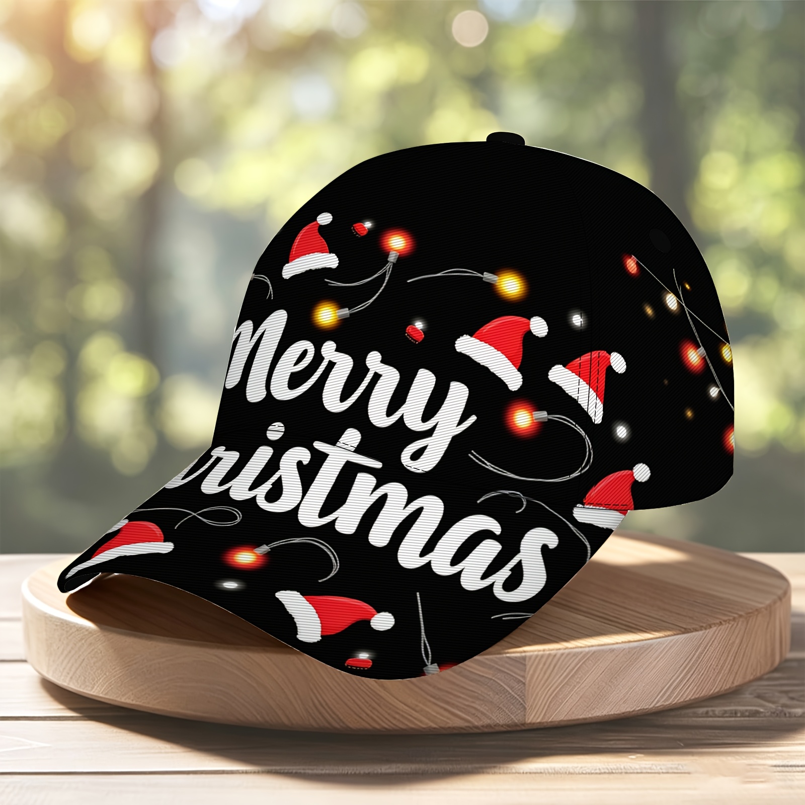 TEMU Merry Christmas Santa Hat String Lights Black Background Printed Baseball Casual Peaked
