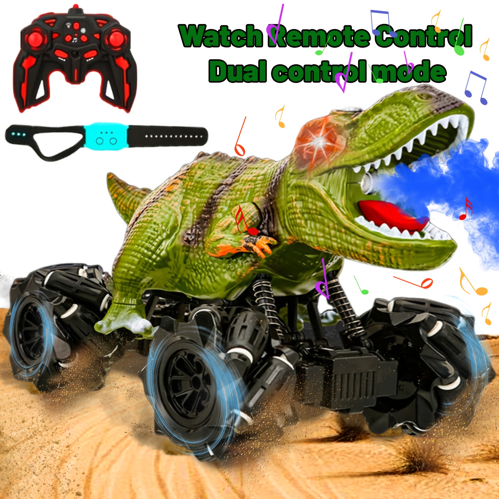 TEMU Voiture télécommandée dinosaure avec jet d'eau, lumières et sonores - Camion RC rechargeable tout-terrain 4x4, modes de commande 2,4 GHz, cadeau