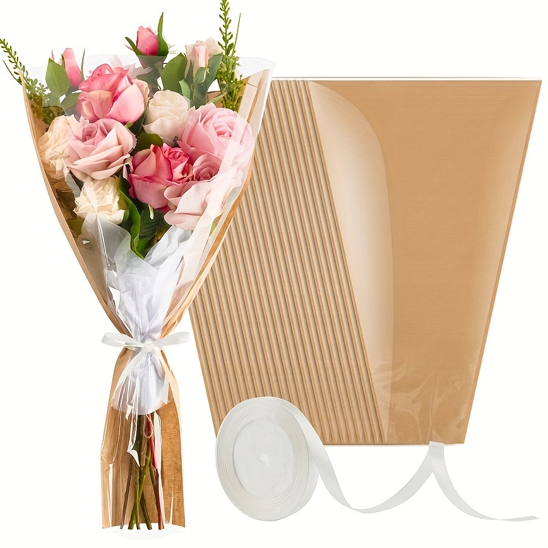 

elegant" 20-piece Kraft Paper Flower Sleeves With Ribbons - Perfect For Bouquets, Florist Supplies, Weddings & Mother's Day
