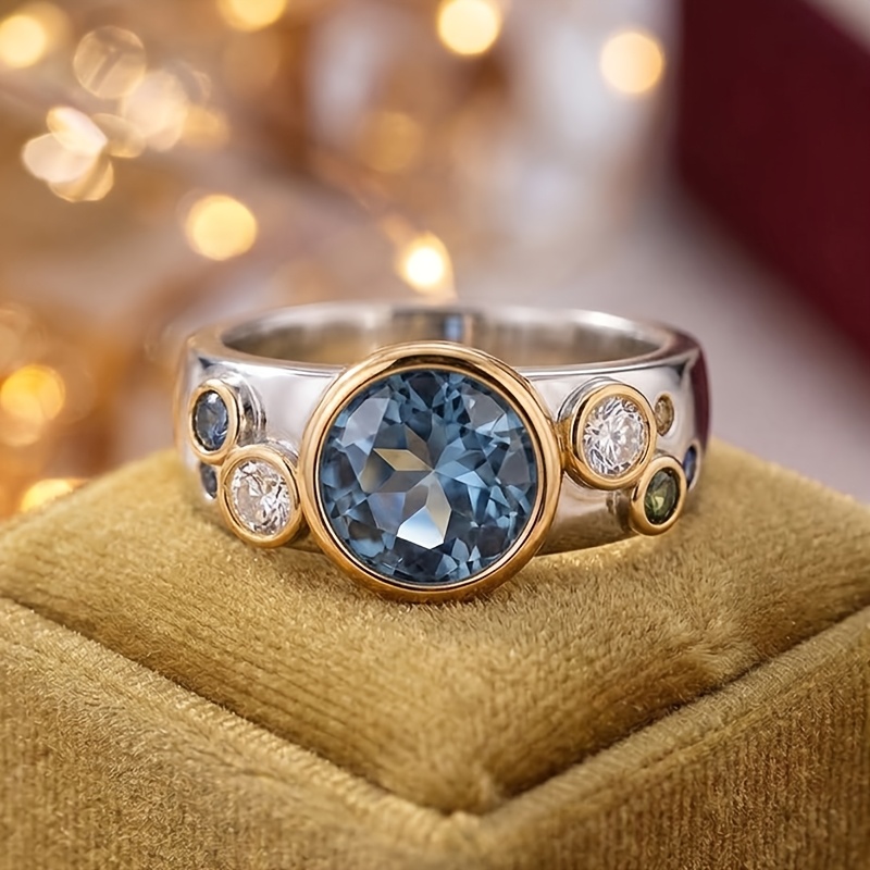 TEMU 1pc Vintage Bohemian Style Wide Band Ring - Micro-prong Set Sparkling Synthetic Cubic Design - Fashionable Trendy Jewelry Accessory -
