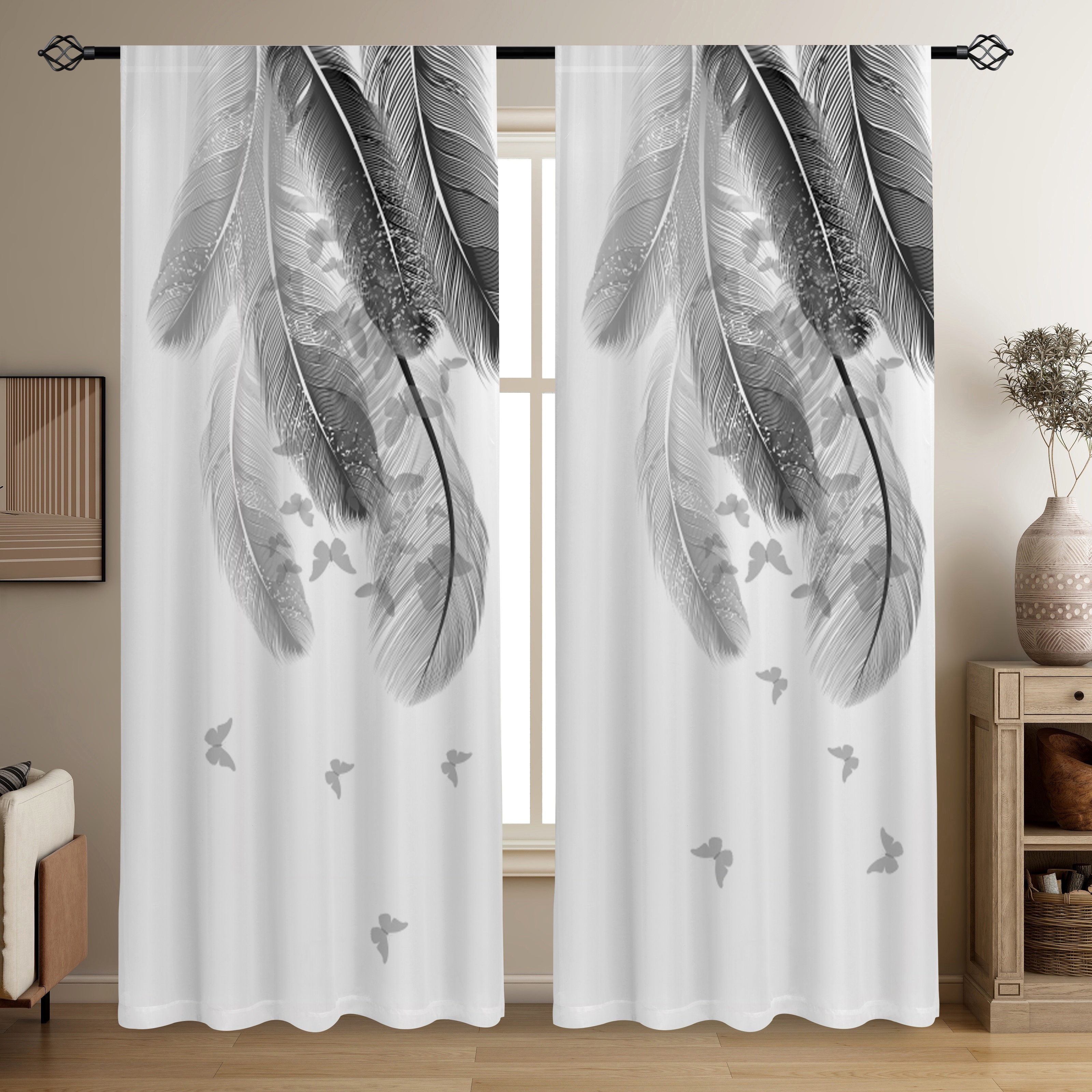 TEMU [Consegna] Set pezzi, Tende trasparenti con stampa di piume, Tende decorative in poliestere multi- per soggiorno, , camera da letto, Decorazioni