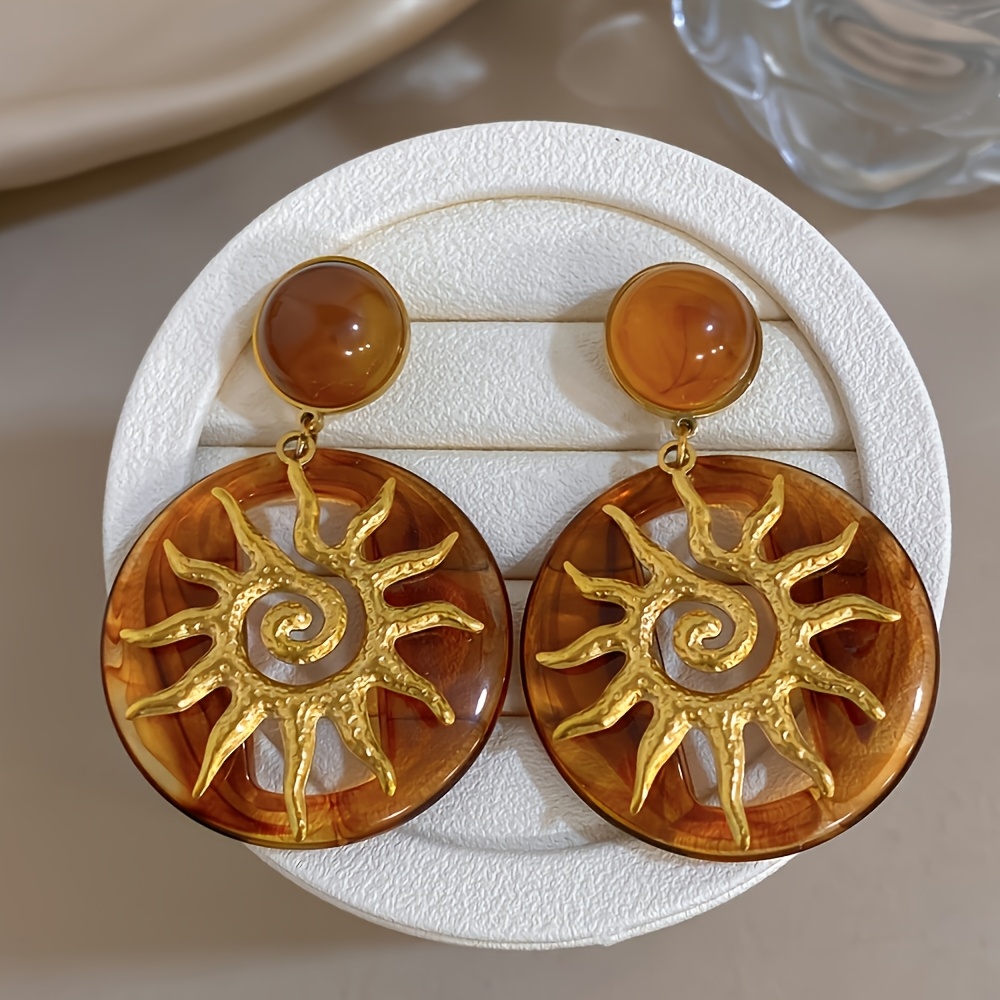 Vintage Amber Pendant Earrings, Women's Bohemian Sunflower Design