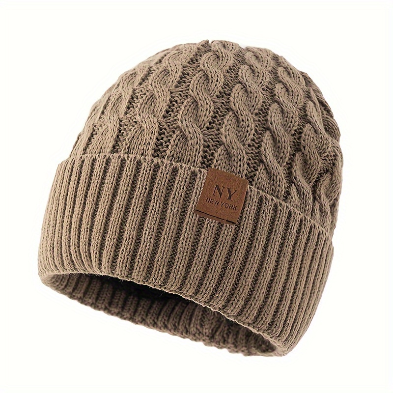 TEMU Ny Letter Autumn And Winter Thickened Warm Knitted Beanie With Lining, Cold Protection Ear Flap Hat, Outdoor Casual Sports Windproof Skull