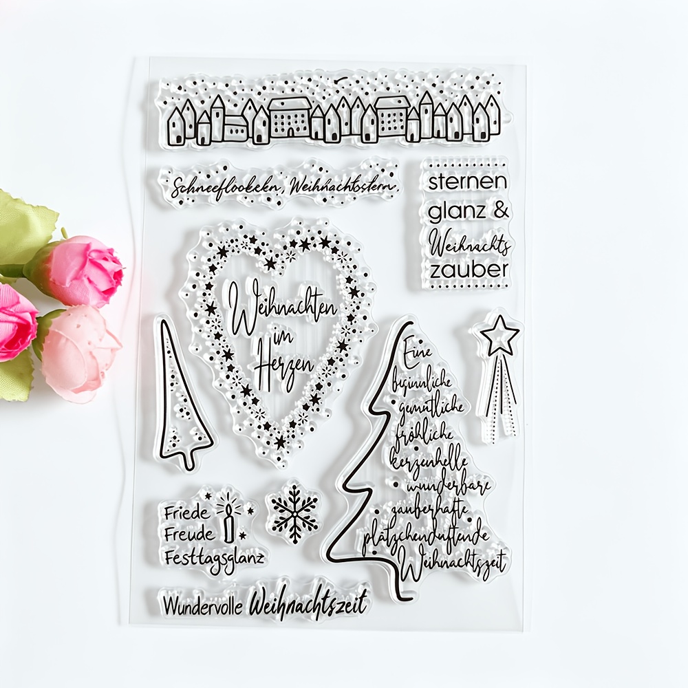 TEMU Zhuoang Transparent Clear Stamp Compatible For German Christmas Town House Wreath With Xmas Tree, Snowflake & Star Stamps - Transparent Rubber