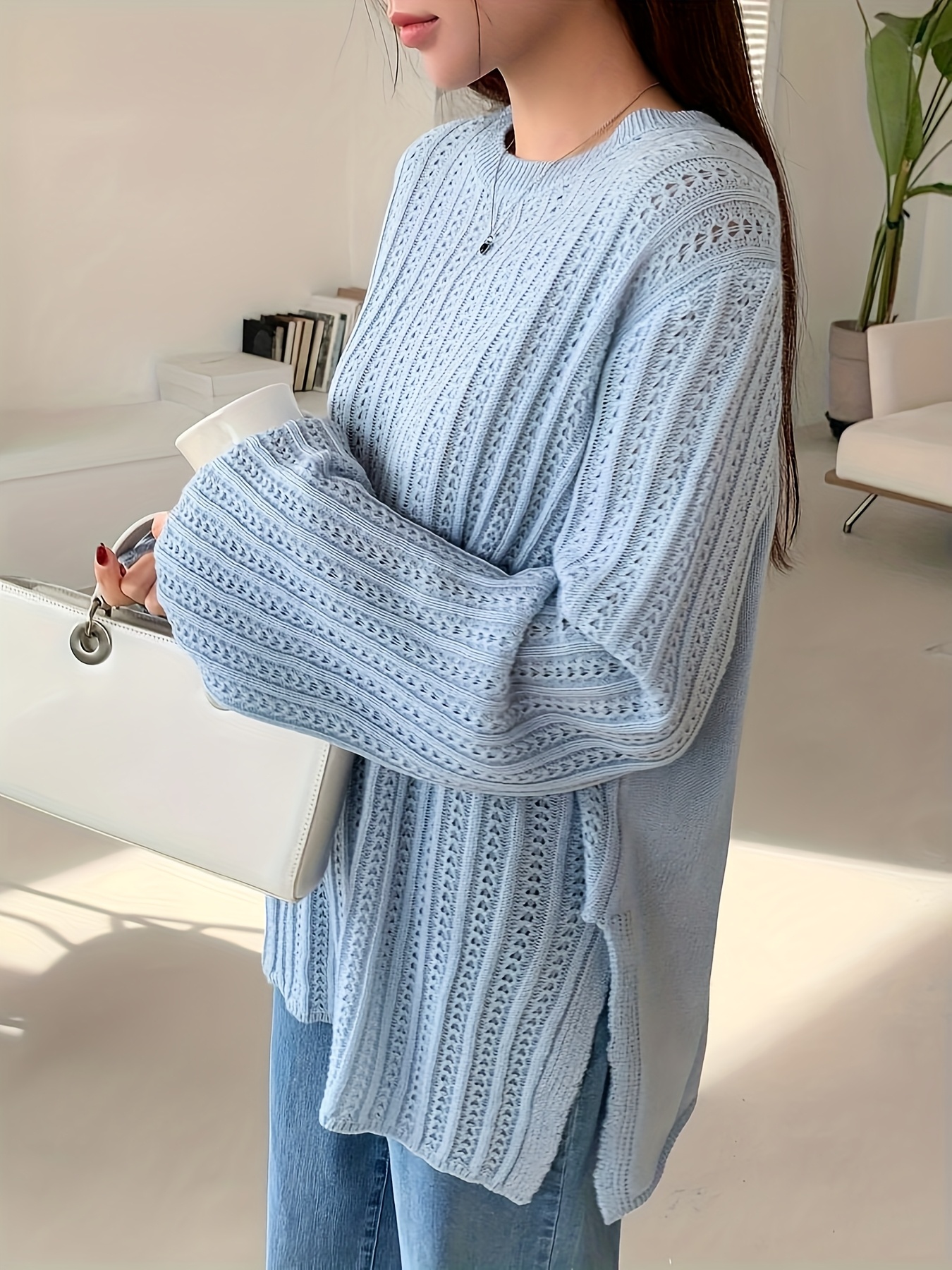 Women's Sweater Long Bell Sleeves, Loose Fit Medium-Length Top with  Ribbed Round Neck, Solid Color Pullover for Spring Fall, Cute Sweaters, 